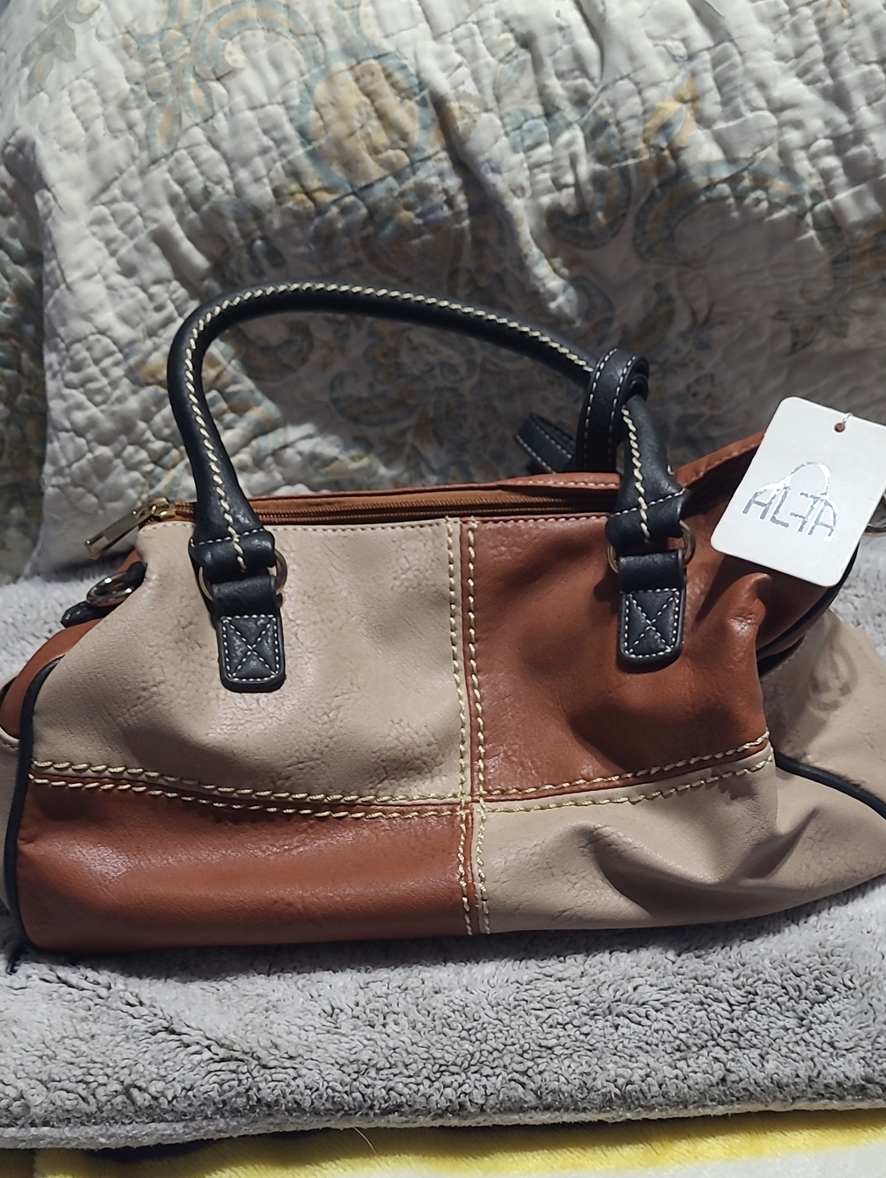 ALFA bag Two-Tone Leather Patchwork Satchel - Brown & Cream